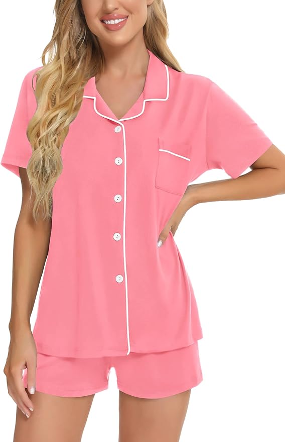 SWOMOG Womens Button Down Pajamas Set Short Sleeve Sleepwear Bride Soft Pj Lounge Sets XS-3XL