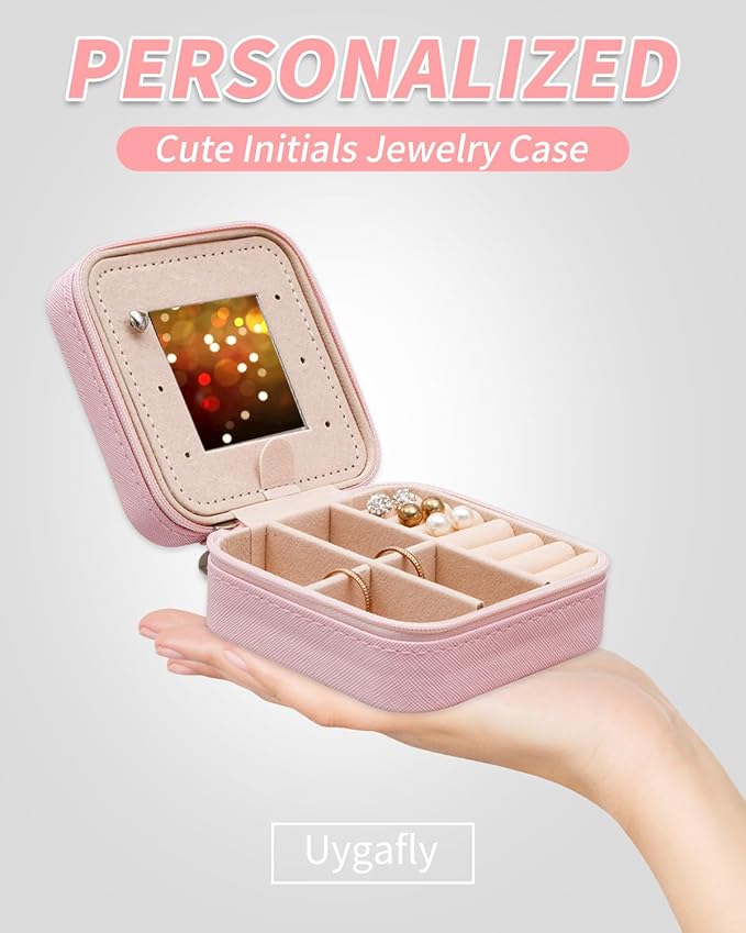 Travel Jewelry Case - Personalized Jewelry Box for Women,Small Jewelry Organizer Cute Jewelry Organizers and Storage Aesthetic,Travel Essentials Birthday Gifts for Girls Women | Pink,J