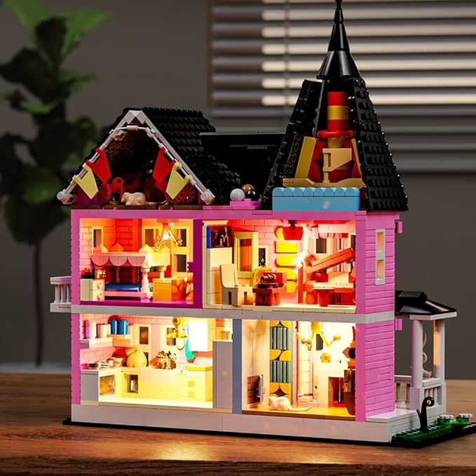 Pink Palace House Building Set with Lights, Halloween Haunted House Blocks Toy, Halloween House Kit for Kids Adults,Christmas for Girls and Boys, Aged 8+ (1349PCS)