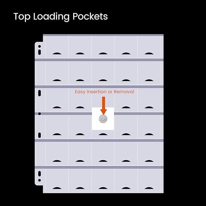 50-Sheets 30-Pocket Thumb-Cut Coin Pages - Coin Pocket Pages for 1.5 x 1.5 Inch Cardboard Coin Holder, Collecting Sleeves for Coin Flips, 1500 Pockets for Coin Binder, Coin Collection Storage Supplies