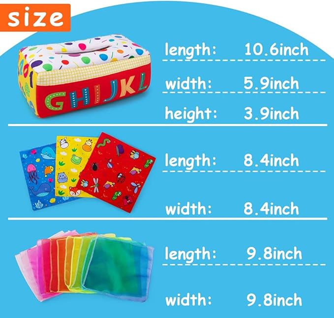 teytoy My First Baby Tissue Box, Soft Stuffed High Contrast Crinkle Montessori Square Sensory Toys Juggling Rainbow Dance Scarves for Toddler, Infants, Newborns and Kids Educational Preschool Learning