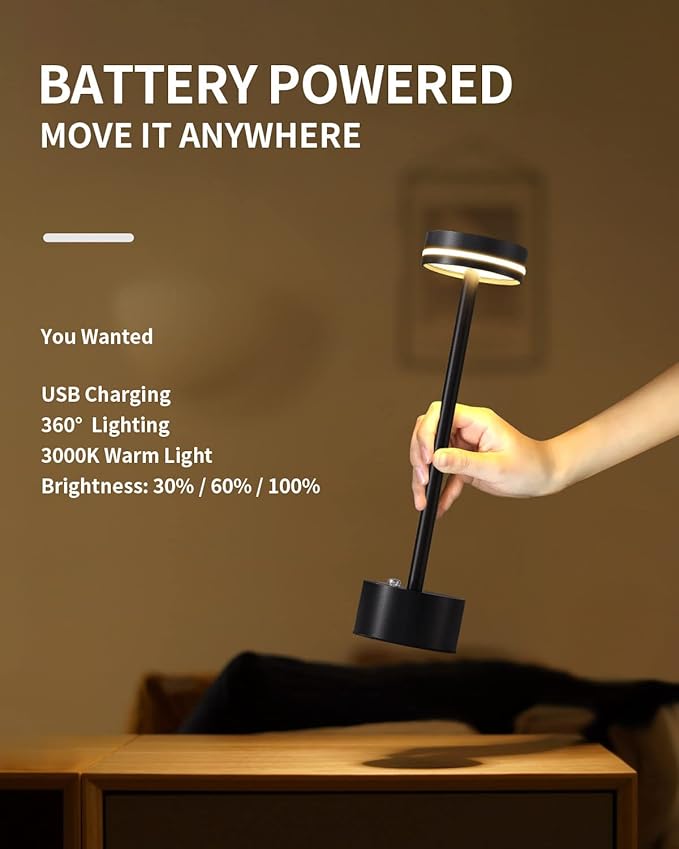 PUSU Portable Table Lamp Battery Powered LED Lamp Cordless Table Lights 3-Level Brightness Touch Control,for Home Office Bedroom Hotel Room Restaurant Outdoor(Black)