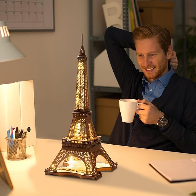 ROBOTIME 3D Puzzle for Adults DIY Model Building Kit with LED Light Wooden Eiffel Tower Craft Kit Architecture Toy Set Brain Teaser Gifts for Friend