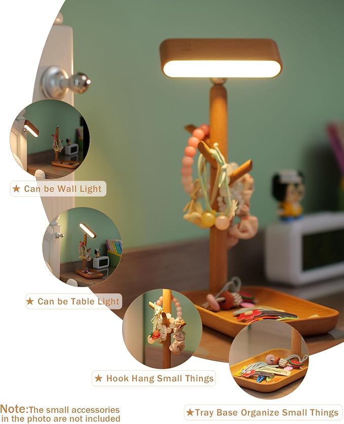 Wooden Table Lamp Tree Trunk Wood Column Rechargeable Led Desk Lamps Magnetic 360°Rotate Battery Powered Wall Night Lights for Bedside Living Edge Table (Beech)