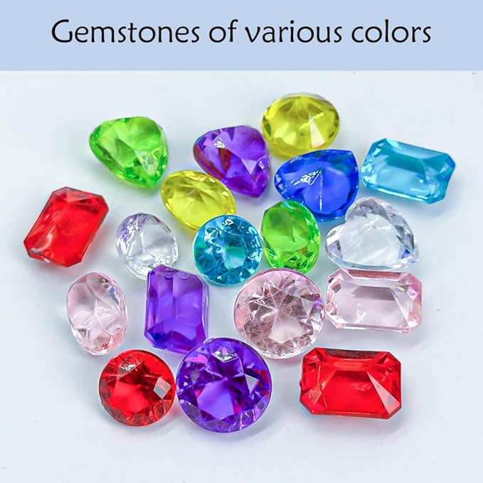 HappyFiller 82 pcs of Faux Acrylic Diamond,5 Sizes × 8 Colors Gems Treasure Gemstone Set Include Pirate Treasure Box Collection,Pool Scavenger Hunt Diving Jewels,Tabletop Decor,Party Favors
