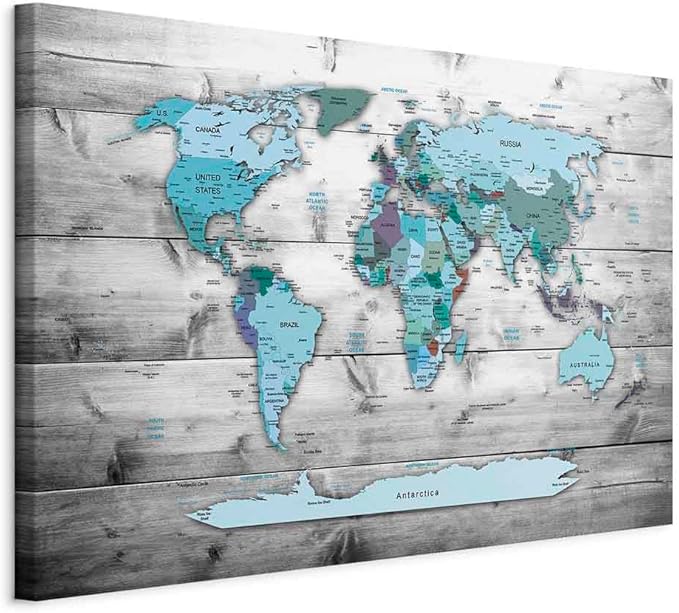 artgeist Canvas Wall Art Print World Map 35x24 in - 1pcs Home Decor Framed Stretched Picture Photo Painting Artwork Image World Travel Map Wood k-B-0009-b-d
