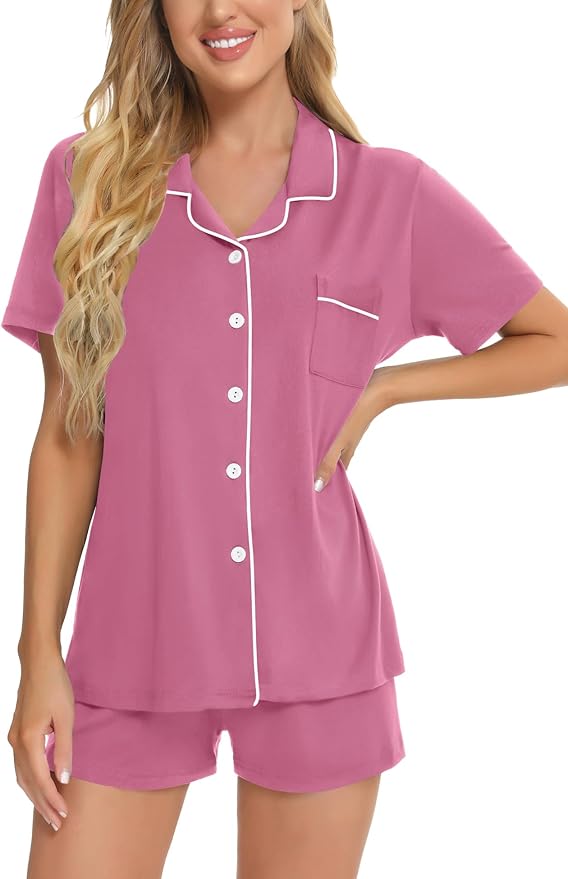 SWOMOG Womens Button Down Pajamas Set Short Sleeve Sleepwear Bride Soft Pj Lounge Sets XS-3XL