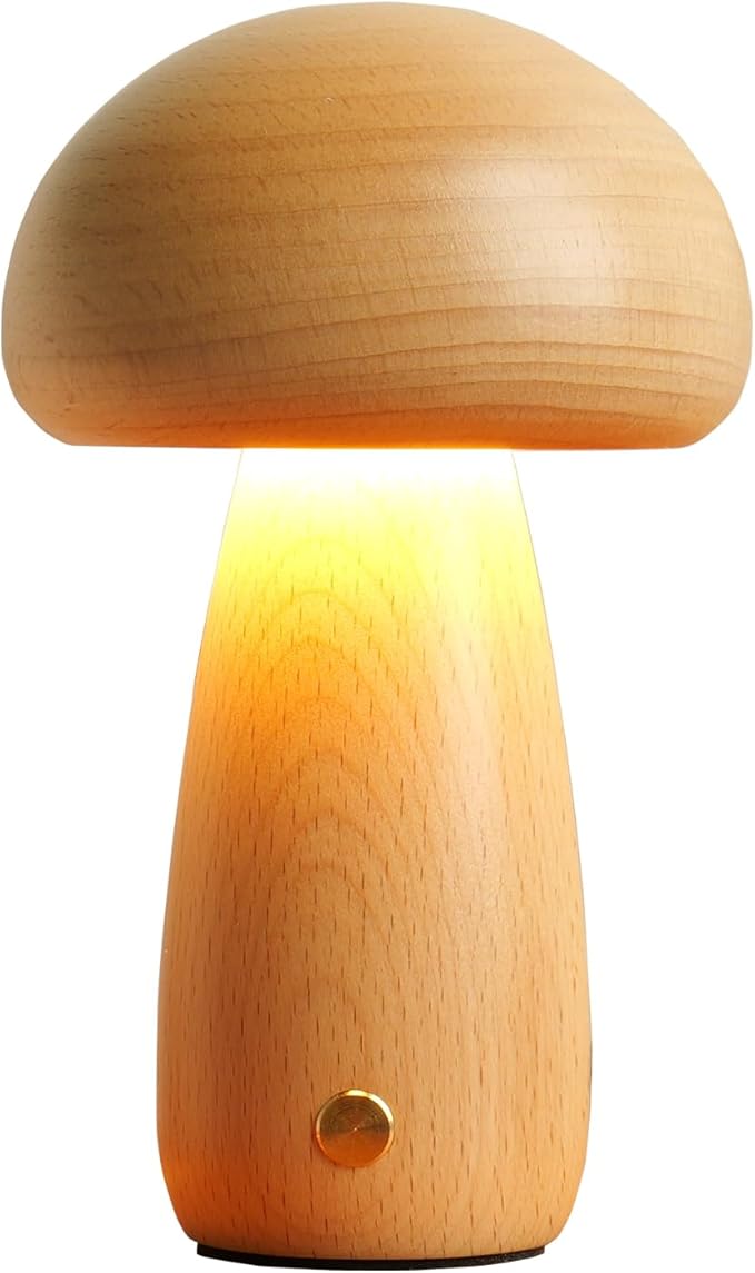 2 Pack Wooden Mushroom Lamp, Portable Cordless Touch Switch Small Rechargeable Battery Operated Lamp,Stepless Dimming,