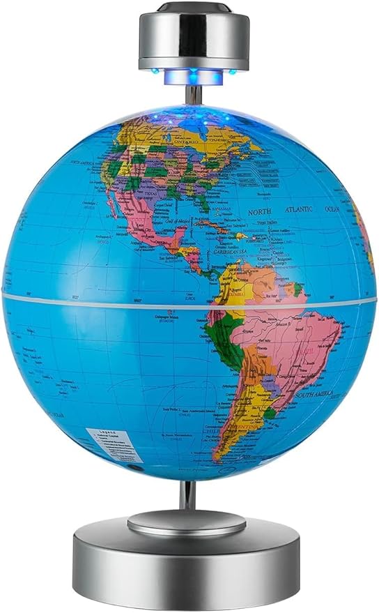 Magnetic Floating Globe, 8" (20cm) World Globe Political Map in English with Touch Controlled Nightlight for Decorative, Business, Education Gifts (Blue)