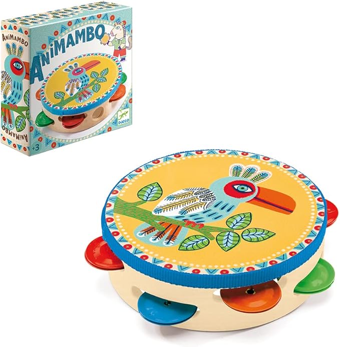 DJECO Animambo Tambourine Music Instrument - Colorful Toucan Design Toddler Educational Musical Toy for Listening, Creativity, Motor Skills & Coordination - Baby Toys for Girls & Boys, 18 Months+