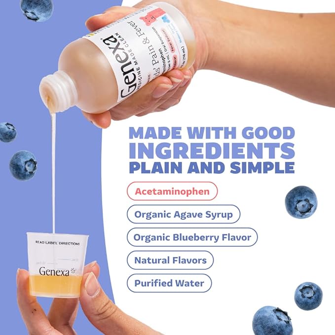 Genexa Children's Clean Acetaminophen | Pediatrician Preferred Ingredients | Pain & Fever Reducer for Kids | Dye Free, 0% Artificial Additives | Ages 2-11, Delicious Organic Blueberry Liquid, 4 fl oz