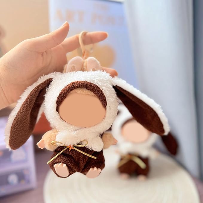 17CM Doll Clothes Set Big Ears Hood + Brown Overalls, Fashion Cute Dress-Up Clothes for Doll Accessories Outfit(No Doll Included)(LBB Clothes 11)