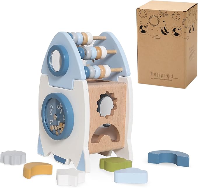 Wooden Space Toy for Baby, Montessori Toys for Babies, Toddler Rocket Toy, Sensory Activity Cube Learning Game, 1st Birthday Gift for Boys and Girls