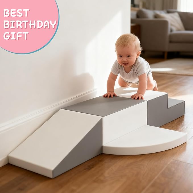 4-Piece Toddler Climbing Toys, Baby Soft Foam Climbing Blocks Set for Indoor Crawling Climbing and Sliding, Modular Play Structures 1-3 Years Old Climber Activity Playground