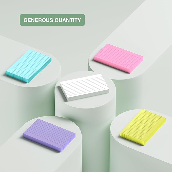 250-Pack Colored Index Cards 3x5 Inch – 180gsm Heavyweight Flashcards – 5 Vibrant Colors Flash Cards (White, Pink, Purple, Blue, Yellow) – Perfect for Study, Notes & Memory! Student School Supplies