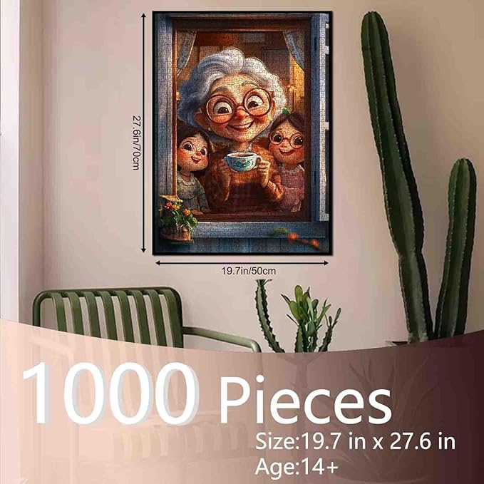 Grandma's Drinking Coffee On The Windowsill 1000 Piece Jigsaw Puzzle for Adults Students Two Cute Little Girl Granddaughters 20×27 Inches Puzzles Unique Art Gift Home Decor Fun Family Activity