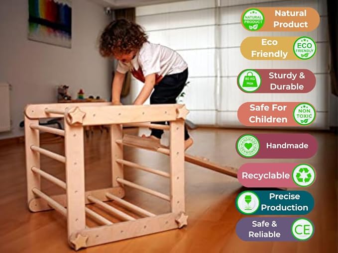 Montessori Activity Cube | Foldable Montessori Climbing Cube | Indoor 9 in 1 Transformable Activity Cube for Toddlers & Kids | Indoor Climbing Activity Wooden Playground (Cube + 2 Ramps)