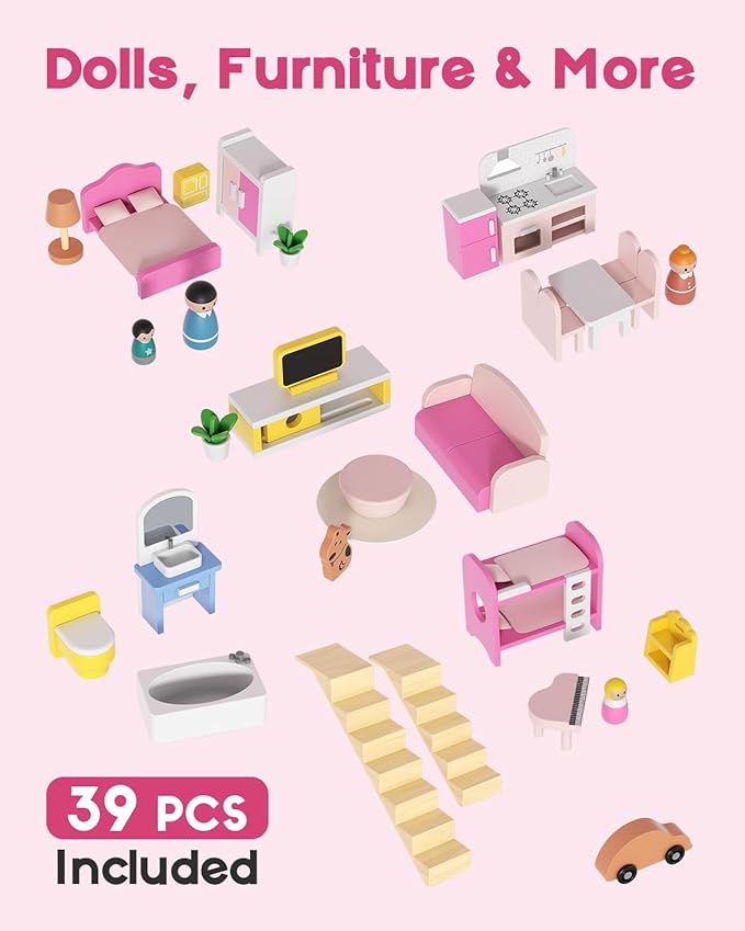 BIERUM Wooden Dollhouse for Girls, Large Pink Wooden Doll House with 39 Furniture Accessories, Elevator & Garage, 5 Rooms Modern Dollhouse for Toddlers, Pretend Play Toy Gift for Kids (Pink)