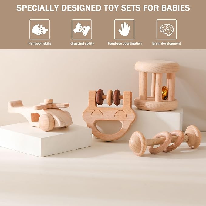 Wooden Baby Rattle Set, Newborn Wooden Rattle Toy, Natural Wooden Montessori Baby Grip Toy, Baby Gift Toy, Wood Rattle Set-1