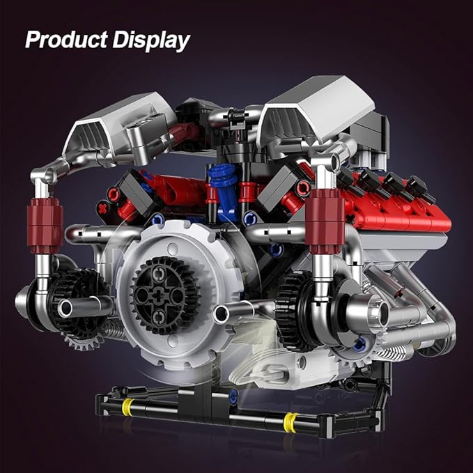 39008 V8 Engine Model Kit, Runnable, Build Your own STEM Visible Mini V8 Engine Model Kit with Lights, Adult and Adolescent Physics Science Experiment Building Block Set (700 Pcs)