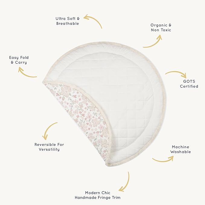 MakeMake Organics Organic Play Mat GOTS Certified Organic Cotton Nursery Floor Rug Washable Reversible Non Toxic Activity Mat Tummy Time Crawling Pad Thick Quilted (Round 48", Blossom)