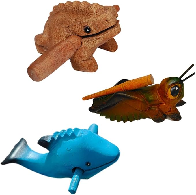 3Pcs Wooden Percussion Set,4” Natural Wood Guiro Rasp Frog, Cricket & Dolphin Musical Instruments - Artistic Craft & Unique Gift