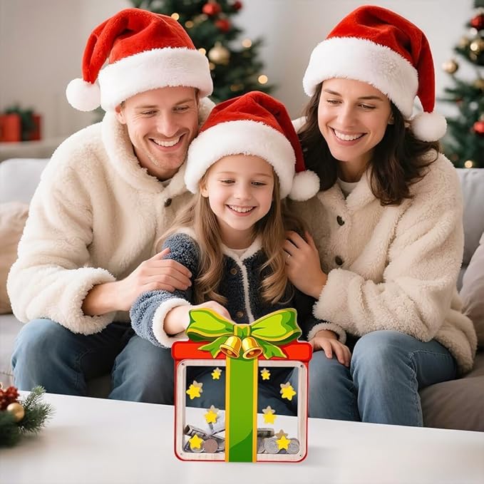 Wooden Christmas Piggy Bank for Kids, Gift Box Piggy Bank with Acrylic Panels, Unbreakable Toddler Money Box for Boys Girls, DIY Kids Safe Coin Bank with Letter Sticker