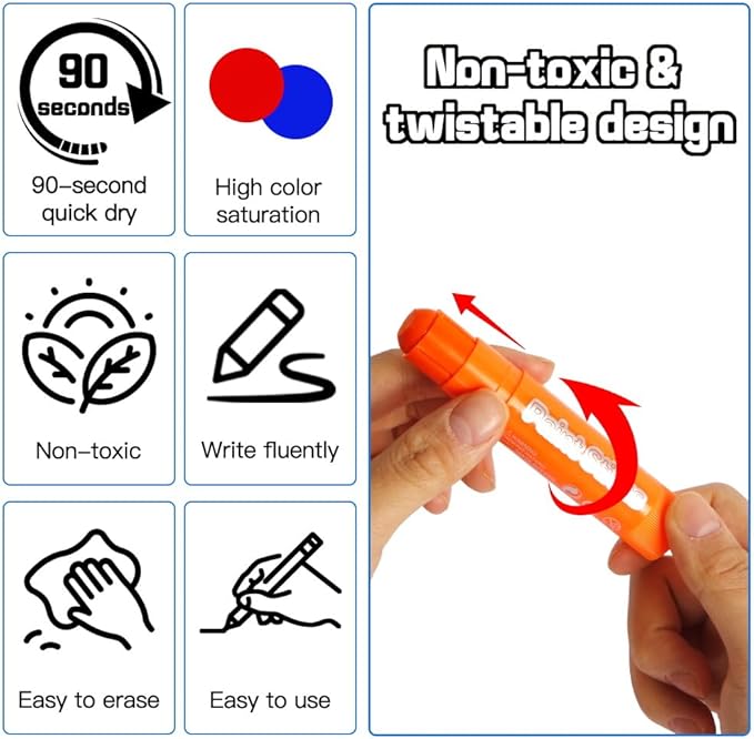 12 Colors Paint Sticks, Quick-Drying and Washable Tempera Paint Sticks for Kids, Non-Toxic Art Supplies for Student