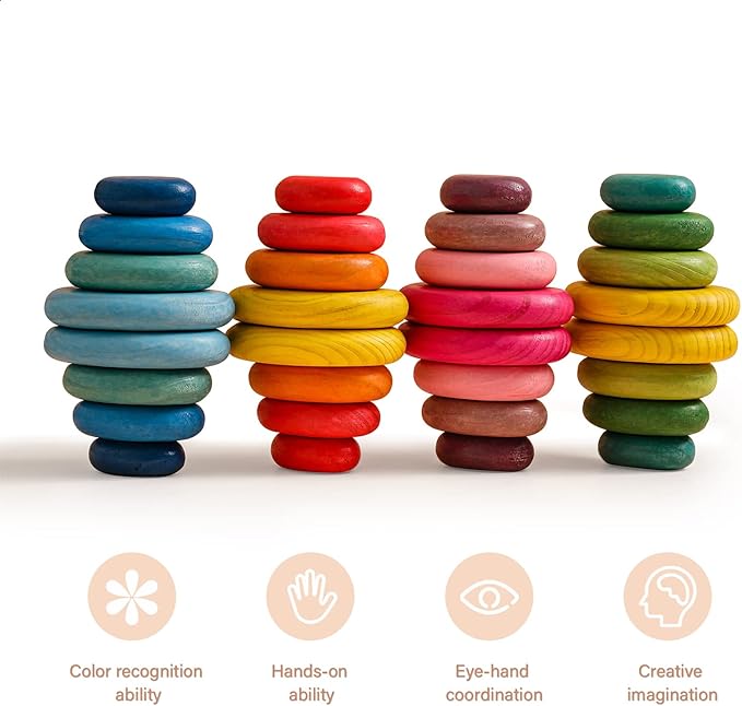 OESSUF 16pcs Extra-Large Wooden Sorting Stacking Rocks - Safe Montessori Toys for 1-3 Year Old, Waldorf Wooden Blocks for Toddlers 1-3, Smooth Stacking Stones for Toddlers, for Kids