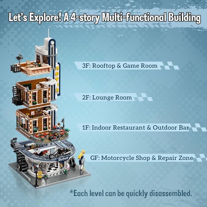 PANTASY Retro Motorcycle Diner & Bar Building Set - Modular Street Corner Architecture Kit with Interactive Doors, Openable Walls, 4 Motorcycles & 5 Exclusive Minifigures for Display & Play