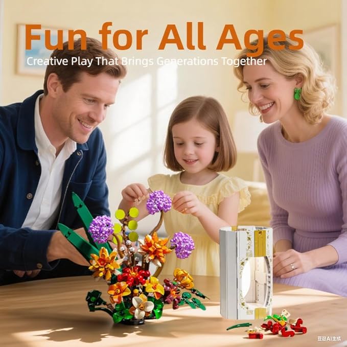 Flower Bouquet Building Set for Adults, 890 PCS Botanical Collection-Inspired Brick Floral Gift with Vase, Flower Vase Display Set for Home Decor