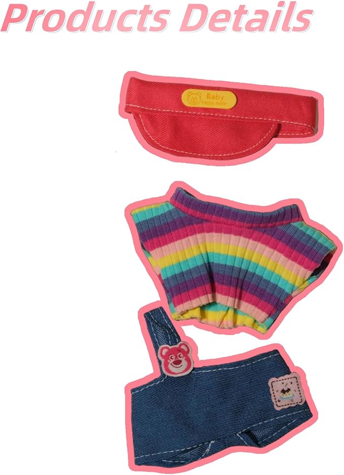 Doll Clothes for 17cm Figures, Rainbow-Striped Knit Top with One-Shoulder Denim Overalls and Red Cap