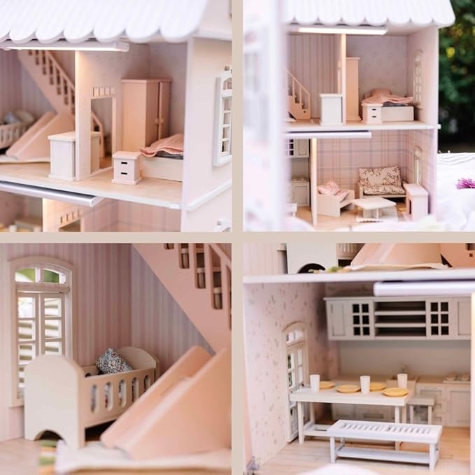 Wooden Dollhouse - 55+ Pieces Furniture and Accessories - Large 3-Story Wooden Doll House with Modern Decor