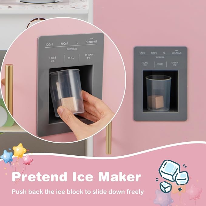 INFANS Kids Kitchen Playset, Toddler Wooden Kitchen Pretend Cooking Toy Set with Coffee Maker Ice Machine Dishwasher Microwave Storage Cabinet, Simulation Play Kitchen for Boys Girls 3+ (Pink)