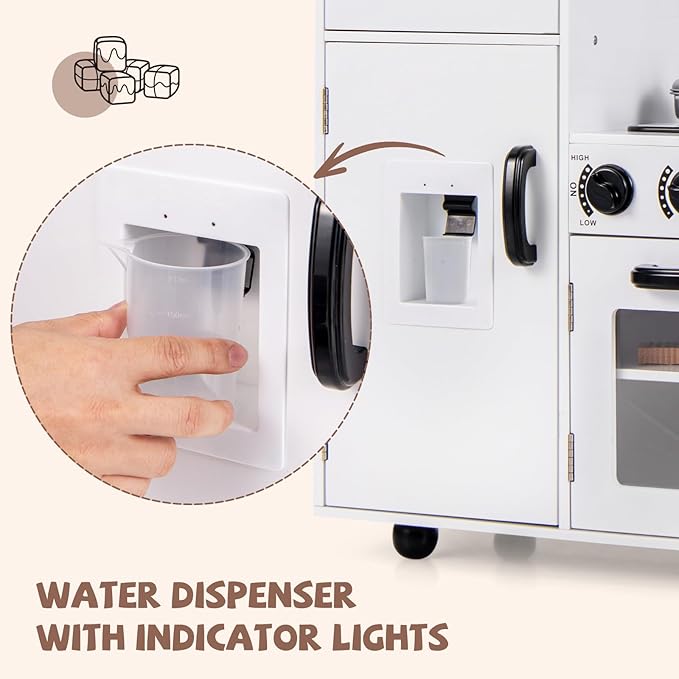 INFANS Play Kitchen for Kids, Wooden Kids Play Kitchen Playset with Realistic Light & Sounds, Pots Pan Microwave Sink, Children Pretend Cooking Toy Set Gift for Toddler Boys Girls Ages 3+