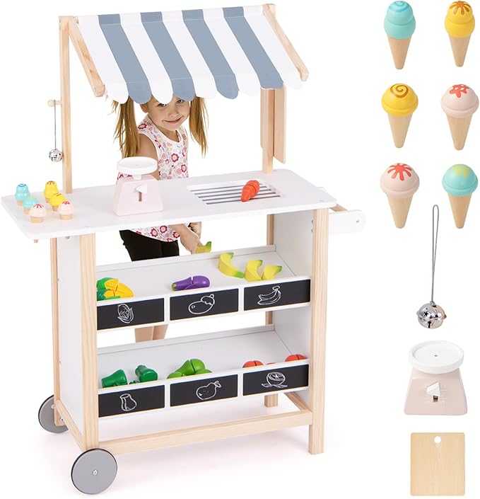 Costzon Kids Pretend Play Grocery Store, Wooden Ice Cream Cart Toy Set for Kids with Ice Cream Making Counter, Scale, Bell, Display Shelves, Blackboard, Canopy, Wheels, Gift for Toddlers (White)