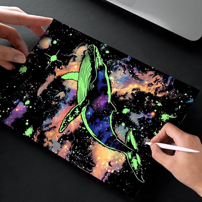 Glow in The Dark Scratch Art Paper，Engraved Landscape Scratch Painting Rainbow Board (12 Sheets A4) Adults, Fun Sketch Card Creative Craft Toy (Animals/Landscapes) by Iskueal.
