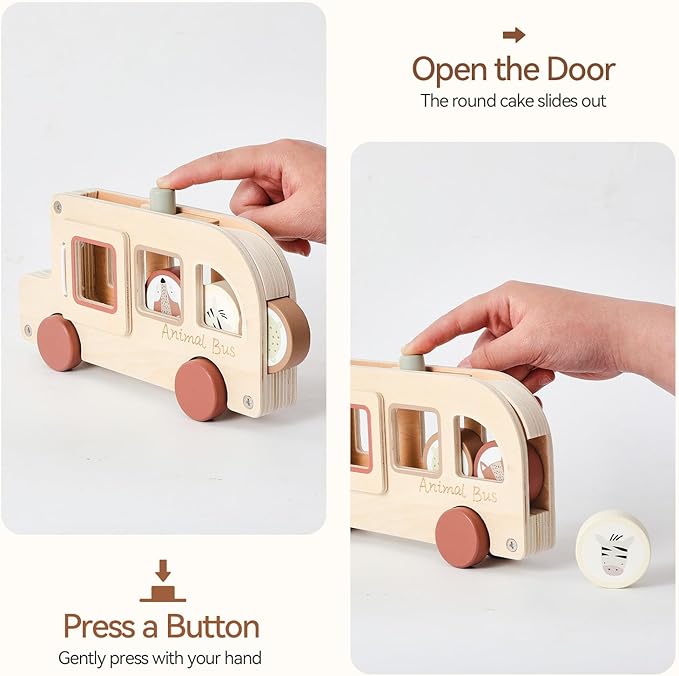 Wooden Animal Bus Toy with 3 Removable Animal - Shaped Discs, Designed with Pop Up, Roll and Ride Toy for Toddler Aged 3 Years and Up, Interactive Montessori Educational Toy for Toddlers' Daily Play