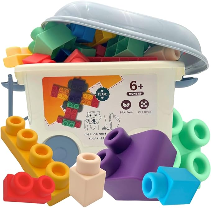 Large Soft Rubber Toddler Blocks, 50 Pieces in Storage Bin on Wheels - Includes Booklet, Toy, Gift, Birthday, 6m, 1-2, 2-4, 2-3, 3-5 Ages