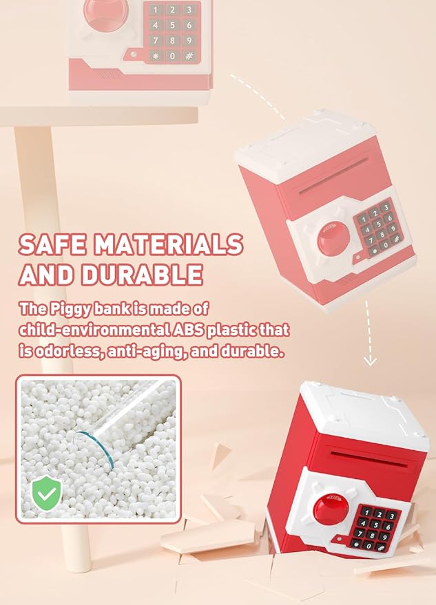 Piggy Bank for Girls Boys Large Electronic Money Coin Banks with Password Protection, Automatic Paper Money Scroll Saving Box, Great Gift for Kids (Red-White)