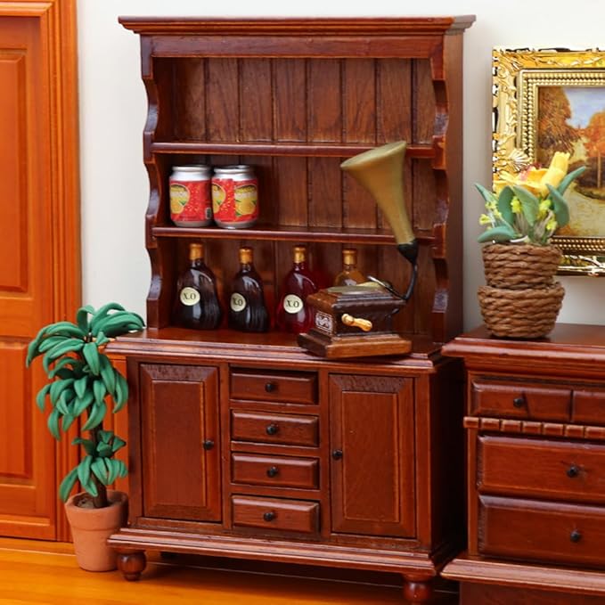 Dollhouse Furniture, Doll Display Cabinet with Drawers 1:12 Scale Miniature Dollhouse Vintage Wooden Bookcase Mini Bookshelf Living Room Dolls & Accessories DIY Decorations for Girls and Boys