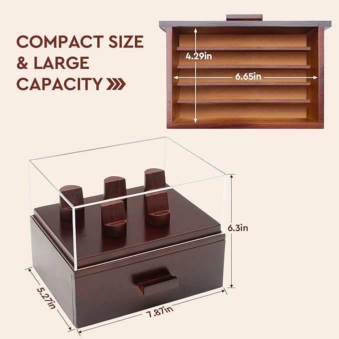Challenge Coin Display Case, Military Coin Collection Holder with Wooden Coin Box, Drawers, and Clear Acrylic Lid – Gifts for Coins Collectors (5 Pillars)