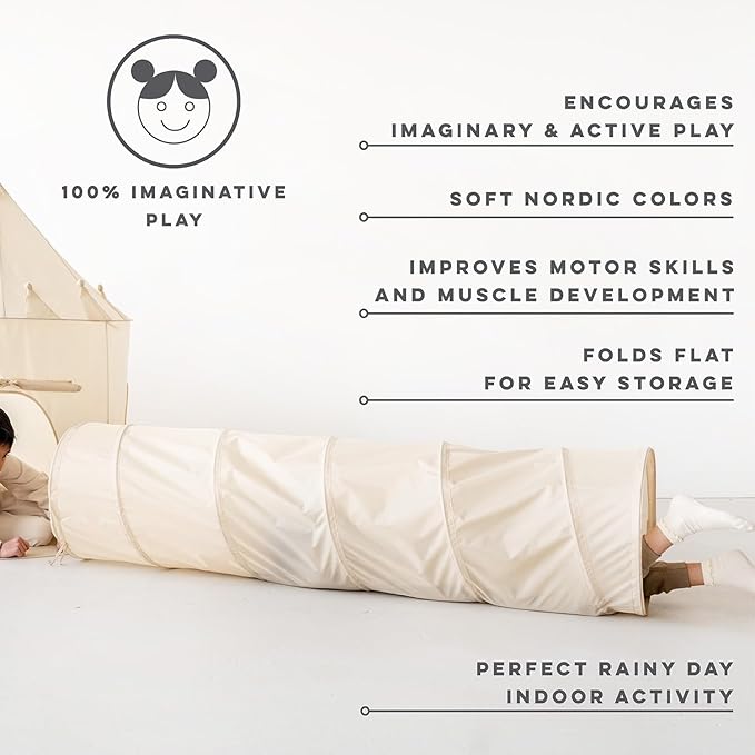 3 Sprouts Kids Play Tunnel - Pop Up Collapsible Tunnels with Recycled Fabric - Fun Crawling Tunnel for Toddler, Baby, Children to Crawl Through, Gross Motor Toy for Indoor Play - Beige