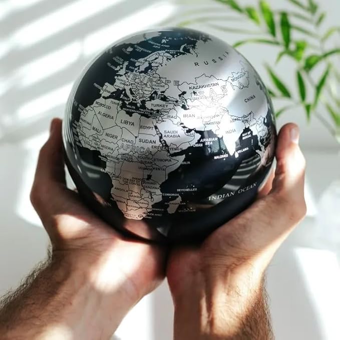 MOVA Globe – Metallic Black and Silver 4.5” | Solar-Powered Rotating Desk Globe with Minimalist Map Design | No Batteries or Cords | Modern Decor Gift