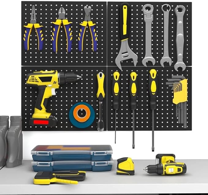 Peg Board,4 Pack Metal Pegboard Panels,Black Pegboard Wall Organizer,16"x12" Heavy Duty Peg Boards for Walls,Tools,Garage,Office,Kitchen
