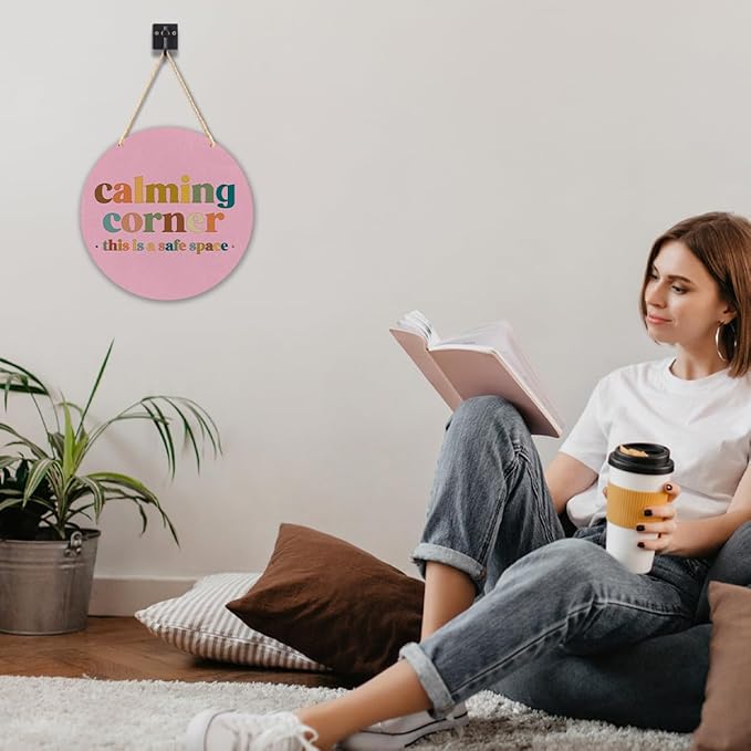 Calming Corner Hanging Wood Sign - Safe Space, Classroom Decor, School Counselor Office, Calm Down Corner Decorations, Boho Style, 10x8 Round Pink