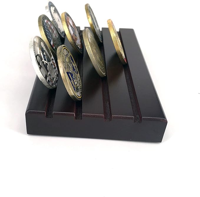 Glamtune 4 Rows Coin Holder,Challenge Coin Display Stand Rack Military Coin Holder (Wood )
