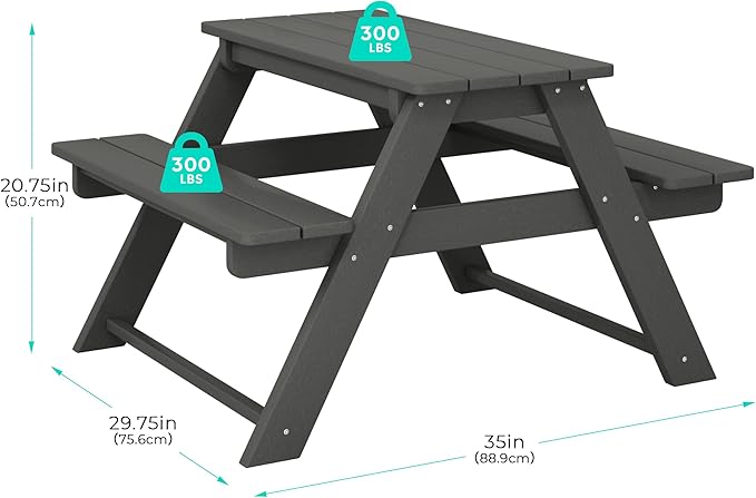 Costaelm Kids Picnic Table, HDPE All Weather Outdoor Toddler Picnic Table and Chair Set Kids Bench for Patio, Backyard, Garden, Lawn, Gray
