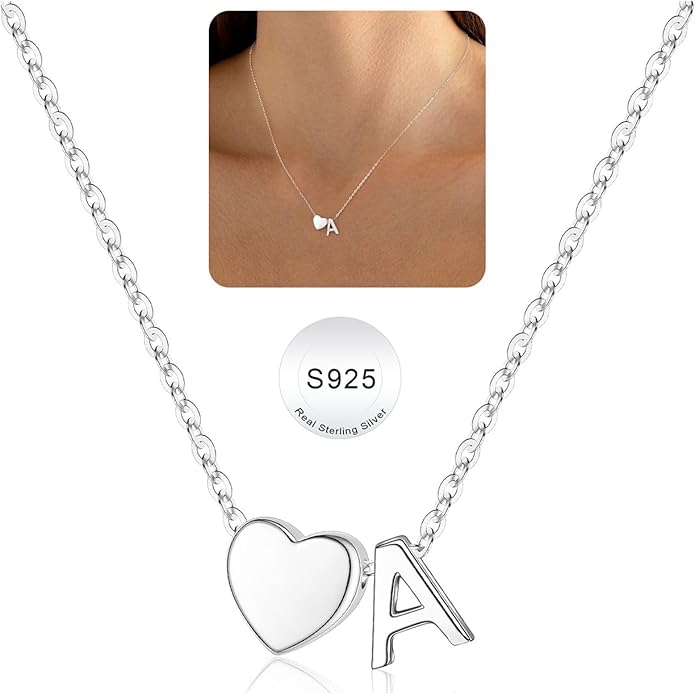 Turandoss S925 Sterling Silver Heart Initial Necklaces for Girls Teen Girls, Dainty S925 Sterling Silver Tiny Heart Initial Necklace Letter Necklaces Trendy Jewelry Gifts for Girls Teen Girls