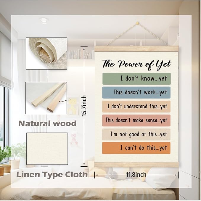 Inspirational Wall Decors - The Power of Yet, Therapy Office Decor, Growth Mindset Mental Health Poster, Canvas Wood Hanger for Wall, School Counselor Office Decor
